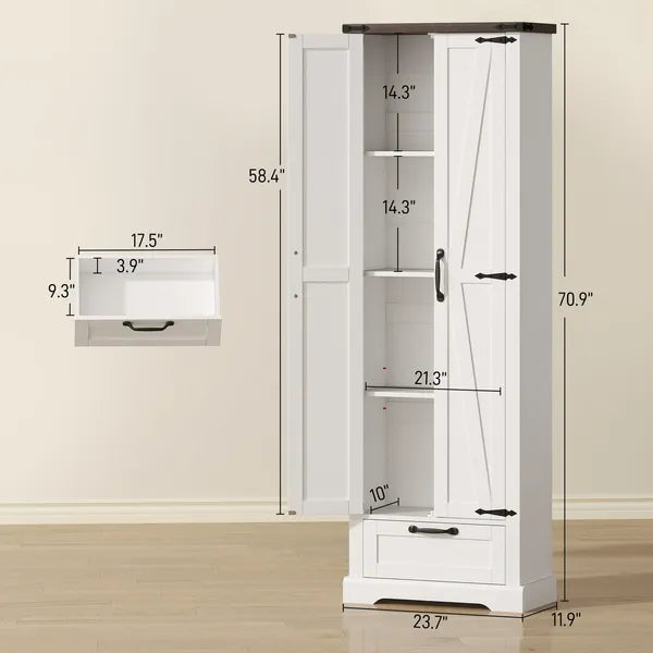 HOMCOM 71 Inch Pantry Cabinet, Kitchen Storage Cabinet with Adjustable Shelves, Barn Doors and Drawer for Dining Room, White - product image 3