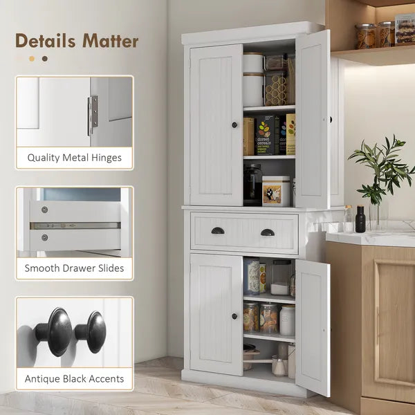 HOMCOM 72 Kitchen Pantry Cabinet Storage, Freestanding Cupboard with Drawer 4 Doors Adjustable Shelves, White - product image 7