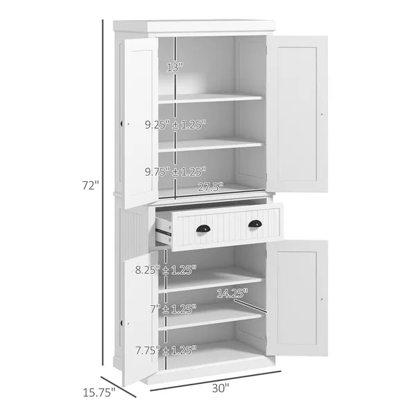 HOMCOM 72 Kitchen Pantry Cabinet Storage, Freestanding Cupboard with Drawer 4 Doors Adjustable Shelves, White - product image 3