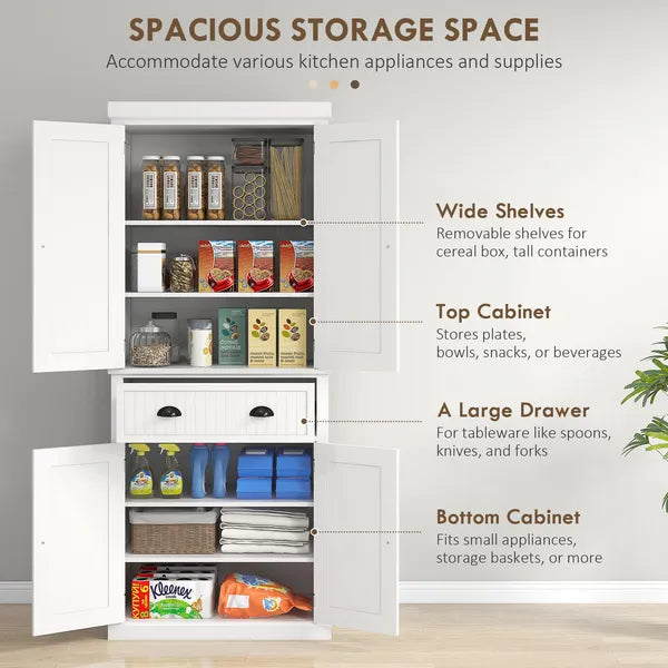 HOMCOM 72 Kitchen Pantry Cabinet Storage, Freestanding Cupboard with Drawer 4 Doors Adjustable Shelves, White - product image 4