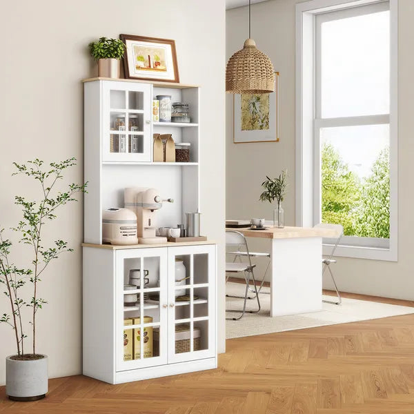 72" Kitchen Pantry Cabinet Storage, Freestanding Storage Cabinet with Hutch, Countertop, Glass Doors and Adjustable Shelves, White - product image 2