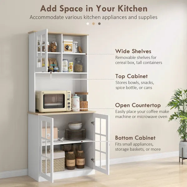 72" Kitchen Pantry Cabinet Storage, Freestanding Storage Cabinet with Hutch, Countertop, Glass Doors and Adjustable Shelves, White - product image 6
