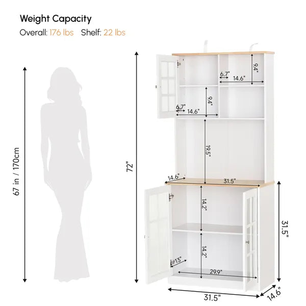 72" Kitchen Pantry Cabinet Storage, Freestanding Storage Cabinet with Hutch, Countertop, Glass Doors and Adjustable Shelves, White - product image 4