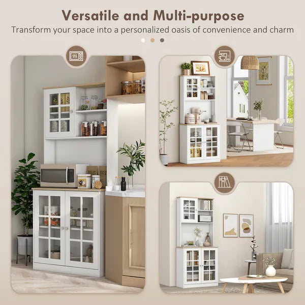 72" Kitchen Pantry Cabinet Storage, Freestanding Storage Cabinet with Hutch, Countertop, Glass Doors and Adjustable Shelves, White - product image 5