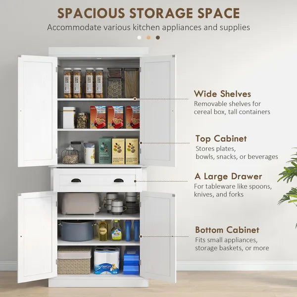 72" White Freestanding Kitchen Cabinet Pantry with Shelves, Spacious Storage Solution - product image 4