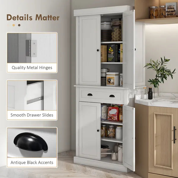 72" White Freestanding Kitchen Cabinet Pantry with Shelves, Spacious Storage Solution - product image 7
