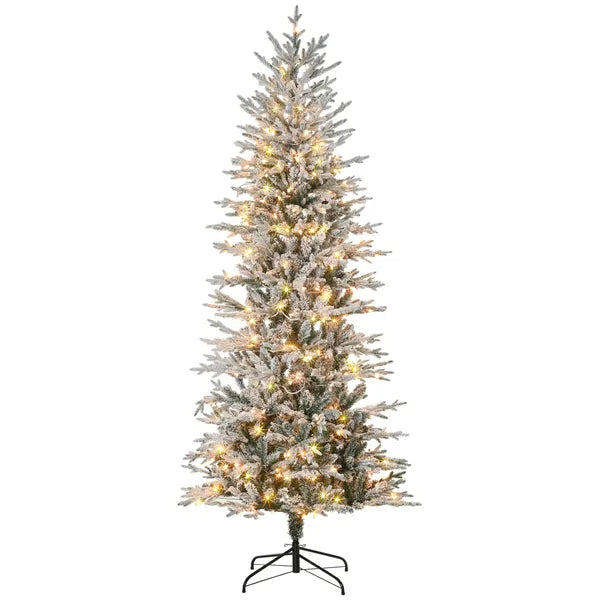 HOMCOM 7.5 ft Flocked Christmas Tree Pre Lit, with Snow Branches, Warm Yellow Clear Lights, Auto Open, Extra Bulb - product image 1