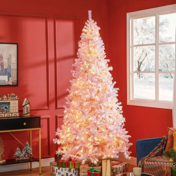 HOMCOM 7.5 ft Tall Pre Lit Christmas Tree, Flocked Artificial Tress with 500 Warm White LED Lights and 1346 Tips for Party, Pink - product image 10