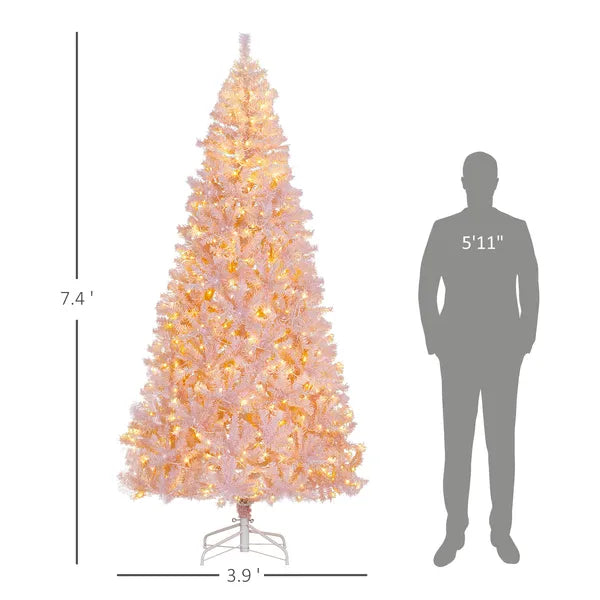 HOMCOM 7.5 ft Tall Pre Lit Christmas Tree, Flocked Artificial Tress with 500 Warm White LED Lights and 1346 Tips for Party, Pink - product image 3