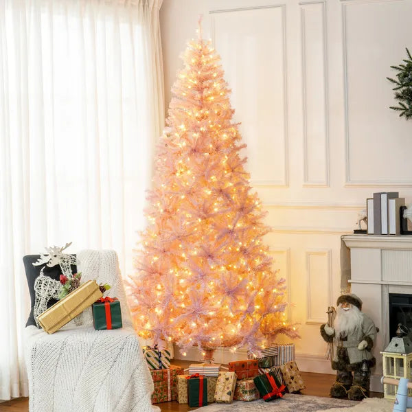 HOMCOM 7.5 ft Tall Pre Lit Christmas Tree, Flocked Artificial Tress with 500 Warm White LED Lights and 1346 Tips for Party, Pink - product image 2