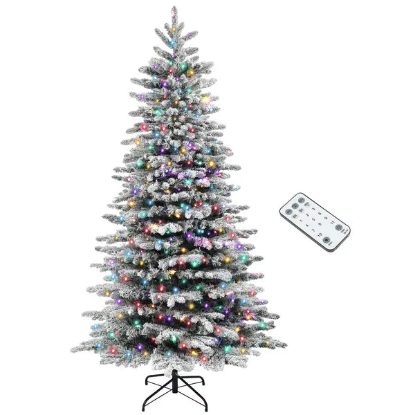 HOMCOM 7.5ft Snow Flocked Artificial Christmas Tree, Pre-Lit Christmas Tree with 500 LED Lights and 1264 Branch Tips, Green - product image 1