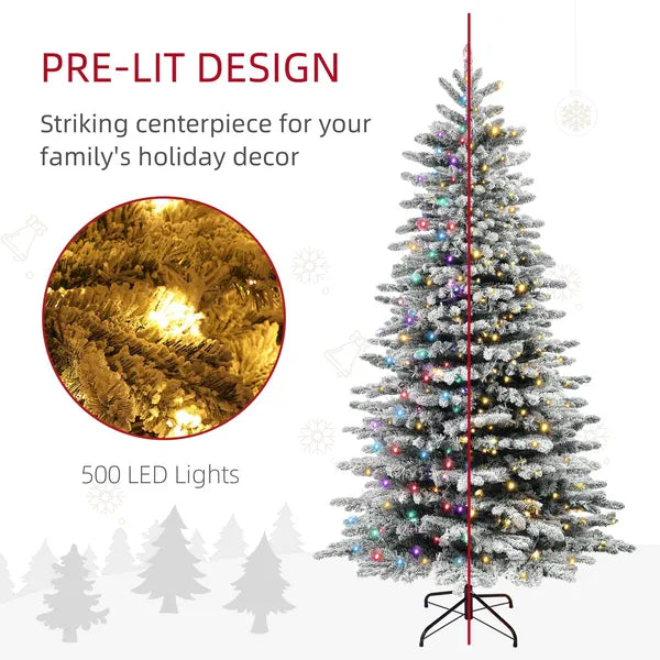 HOMCOM 7.5ft Snow Flocked Artificial Christmas Tree, Pre-Lit Christmas Tree with 500 LED Lights and 1264 Branch Tips, Green - product image 4