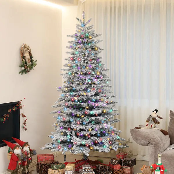 HOMCOM 7.5ft Snow Flocked Artificial Christmas Tree, Pre-Lit Christmas Tree with 500 LED Lights and 1264 Branch Tips, Green - product image 2