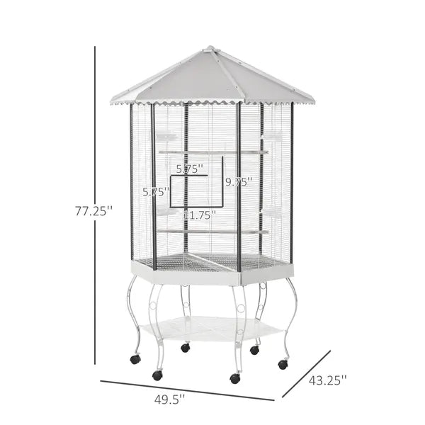 PawHut 77" Flight Bird Cage Hexagon Covered Canopy, Portable Bird Aviary With Storage, Gray and White - product image 3
