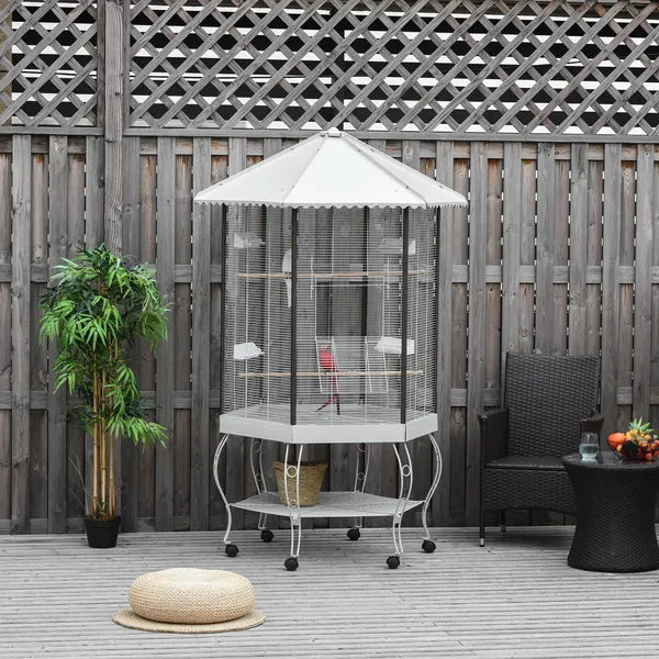 PawHut 77" Flight Bird Cage Hexagon Covered Canopy, Portable Bird Aviary With Storage, Gray and White - product image 7