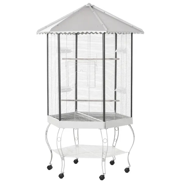 PawHut 77" Flight Bird Cage Hexagon Covered Canopy, Portable Bird Aviary With Storage, Gray and White - product image 11