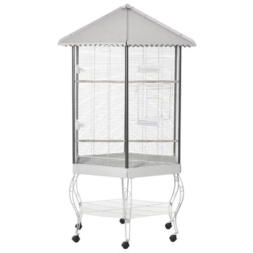 PawHut 77" Flight Bird Cage Hexagon Covered Canopy, Portable Bird Aviary With Storage, Gray and White - product image 1