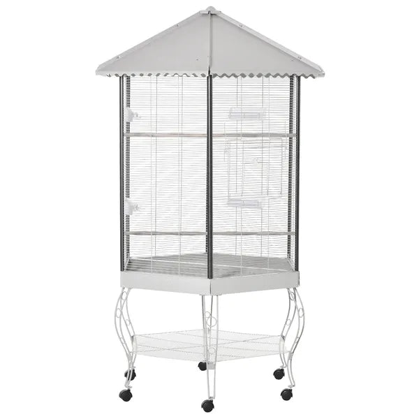 PawHut 77" Flight Bird Cage Hexagon Covered Canopy, Portable Bird Aviary With Storage, Gray and White - product image 1