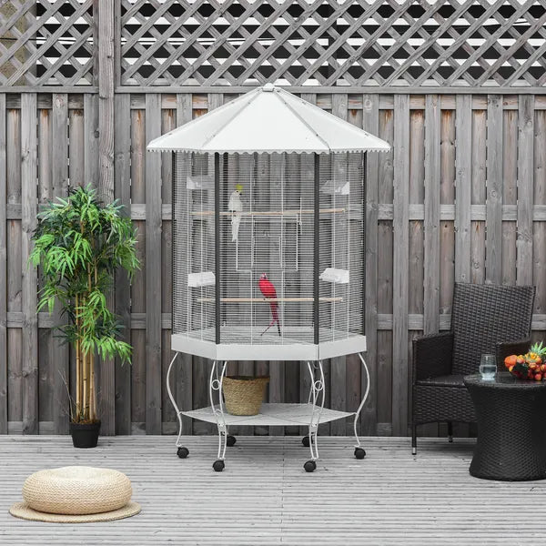 PawHut 77" Flight Bird Cage Hexagon Covered Canopy, Portable Bird Aviary With Storage, Gray and White - product image 2