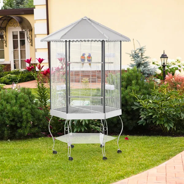 PawHut 77" Flight Bird Cage Hexagon Covered Canopy, Portable Bird Aviary With Storage, Gray and White - product image 10