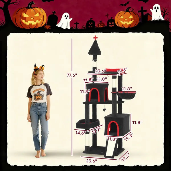 PawHut 78" Gothic Cat Tree, Cat Tower with Coffin Bed, 2 Spacious Condos, Sisal Scratching Posts, Bat Hanging Balls, Halloween - product image 3