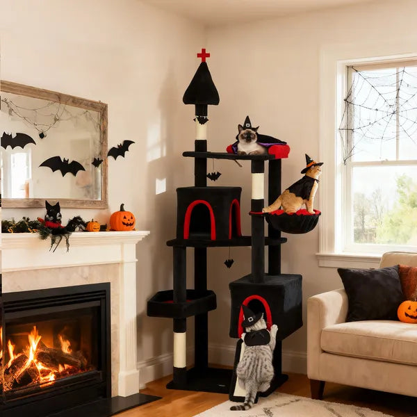 PawHut 78" Gothic Cat Tree, Cat Tower with Coffin Bed, 2 Spacious Condos, Sisal Scratching Posts, Bat Hanging Balls, Halloween - product image 10