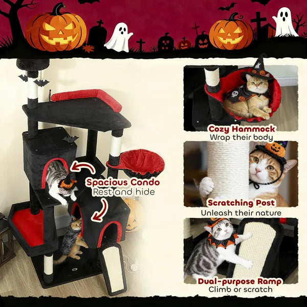 PawHut 78" Gothic Cat Tree, Cat Tower with Coffin Bed, 2 Spacious Condos, Sisal Scratching Posts, Bat Hanging Balls, Halloween - product image 7