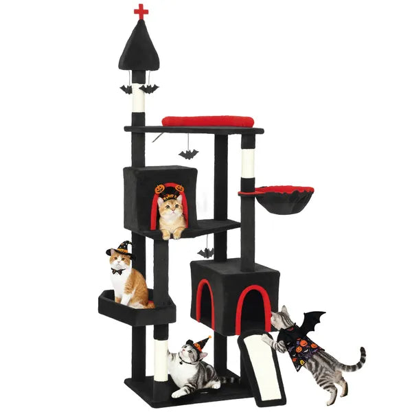 PawHut 78" Gothic Cat Tree, Cat Tower with Coffin Bed, 2 Spacious Condos, Sisal Scratching Posts, Bat Hanging Balls, Halloween - product image 11