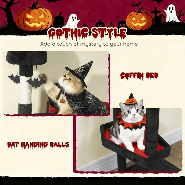 PawHut 78" Gothic Cat Tree, Cat Tower with Coffin Bed, 2 Spacious Condos, Sisal Scratching Posts, Bat Hanging Balls, Halloween - product image 5