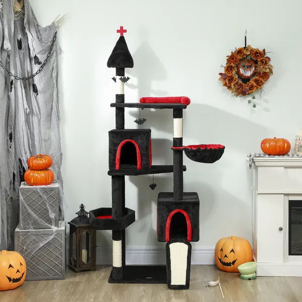 PawHut 78" Gothic Cat Tree, Cat Tower with Coffin Bed, 2 Spacious Condos, Sisal Scratching Posts, Bat Hanging Balls, Halloween - product image 9