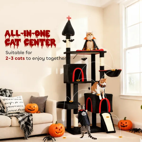 PawHut 78" Gothic Cat Tree, Cat Tower with Coffin Bed, 2 Spacious Condos, Sisal Scratching Posts, Bat Hanging Balls, Halloween - product image 4