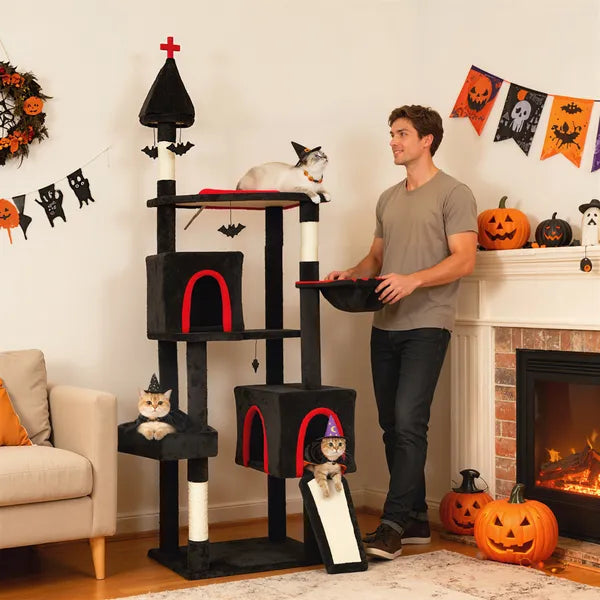 PawHut 78" Gothic Cat Tree, Cat Tower with Coffin Bed, 2 Spacious Condos, Sisal Scratching Posts, Bat Hanging Balls, Halloween - product image 2