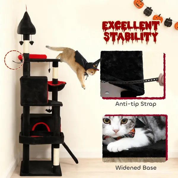 PawHut 78" Gothic Cat Tree, Cat Tower with Coffin Bed, 2 Spacious Condos, Sisal Scratching Posts, Bat Hanging Balls, Halloween - product image 8