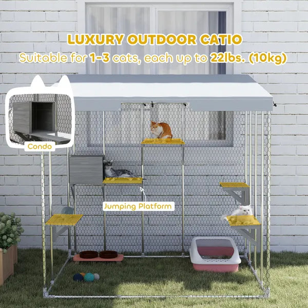 79" Galvanized Steel Large Catio with Waterproof Canopy, Sleeping Box, Jumping Platforms, for 1-3 Kittens, Silver - product image 4