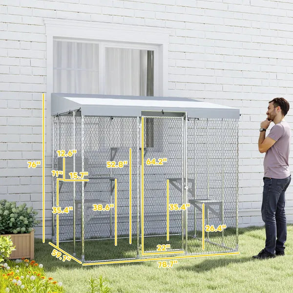 79" Galvanized Steel Large Catio with Waterproof Canopy, Sleeping Box, Jumping Platforms, for 1-3 Kittens, Silver - product image 3