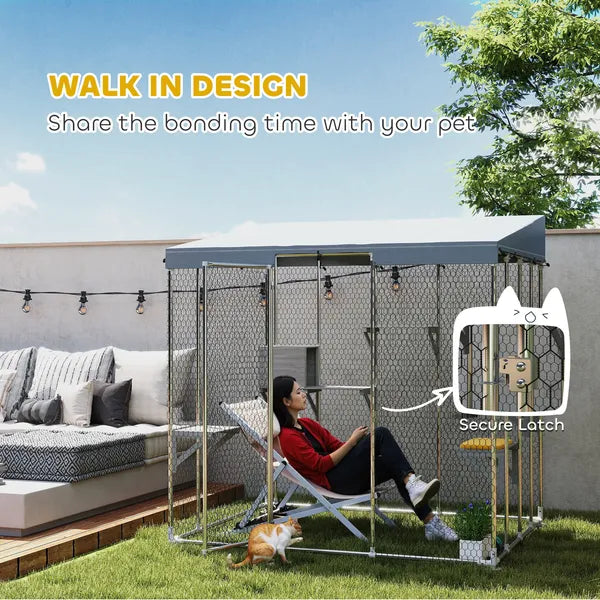 79" Galvanized Steel Large Catio with Waterproof Canopy, Sleeping Box, Jumping Platforms, for 1-3 Kittens, Silver - product image 5