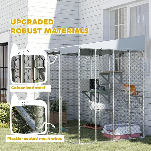 79" Galvanized Steel Large Catio with Waterproof Canopy, Sleeping Box, Jumping Platforms, for 1-3 Kittens, Silver - product image 8