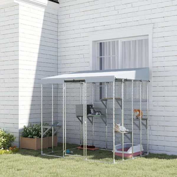 79" Galvanized Steel Large Catio with Waterproof Canopy, Sleeping Box, Jumping Platforms, for 1-3 Kittens, Silver - product image 10