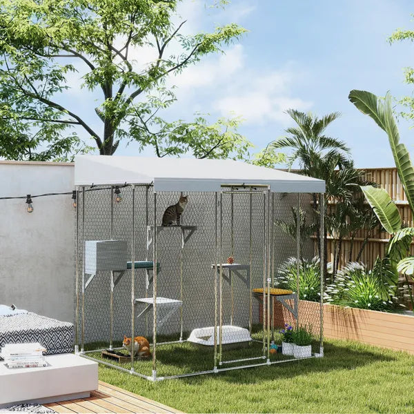 79" Galvanized Steel Large Catio with Waterproof Canopy, Sleeping Box, Jumping Platforms, for 1-3 Kittens, Silver - product image 2