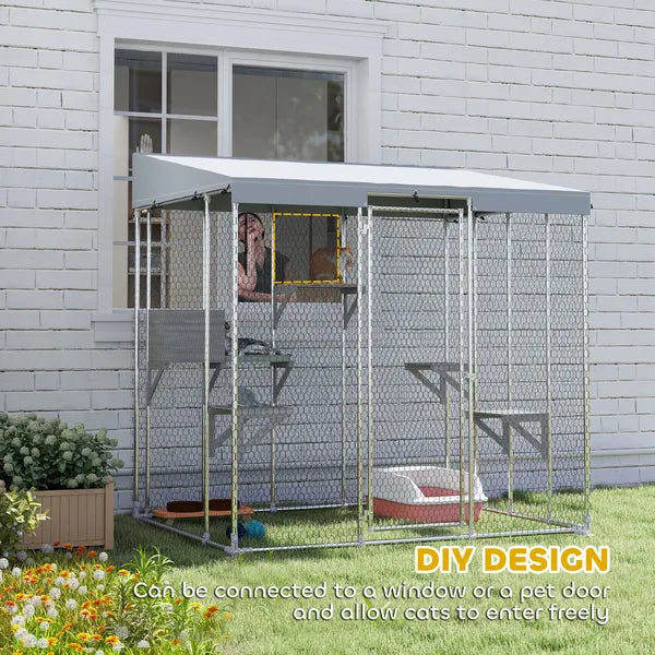79" Galvanized Steel Large Catio with Waterproof Canopy, Sleeping Box, Jumping Platforms, for 1-3 Kittens, Silver - product image 6