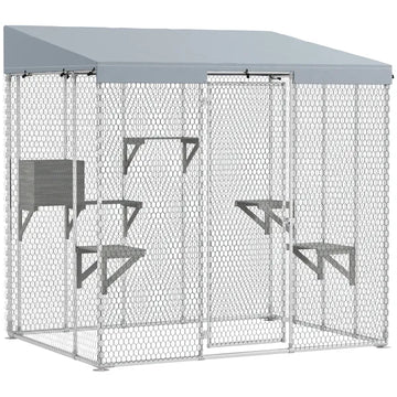 79" Galvanized Steel Large Catio with Waterproof Canopy, Sleeping Box, Jumping Platforms, for 1-3 Kittens, Silver - product image 1