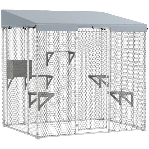 79" Galvanized Steel Large Catio with Waterproof Canopy, Sleeping Box, Jumping Platforms, for 1-3 Kittens, Silver - product image 1