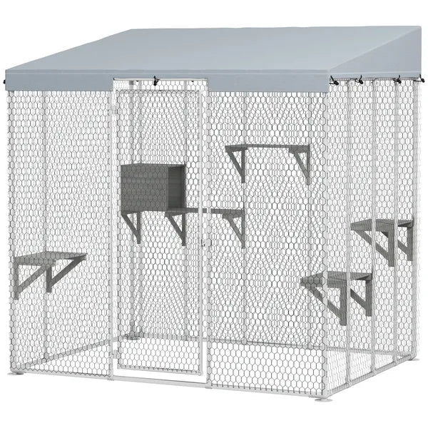 79" Galvanized Steel Large Catio with Waterproof Canopy, Sleeping Box, Jumping Platforms, for 1-3 Kittens, Silver - product image 11