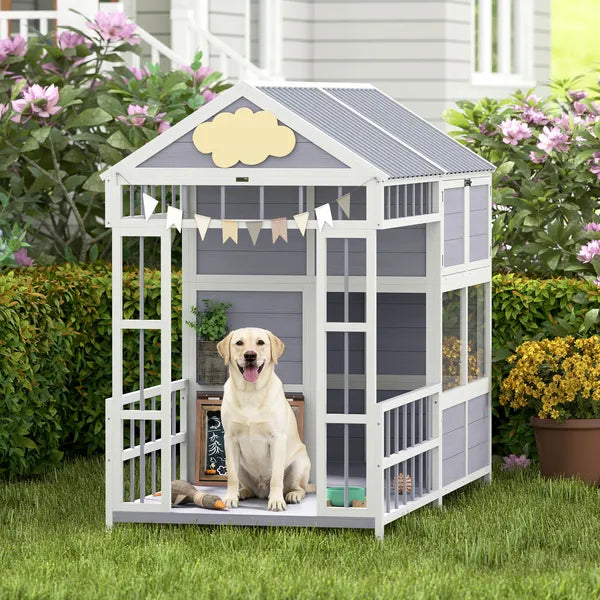 PawHut 79"L Large Dog House Outdoor, Wooden Dog Kennel with Porch, Storage Cabinet,Weatherproof Roof, Windows - product image 2