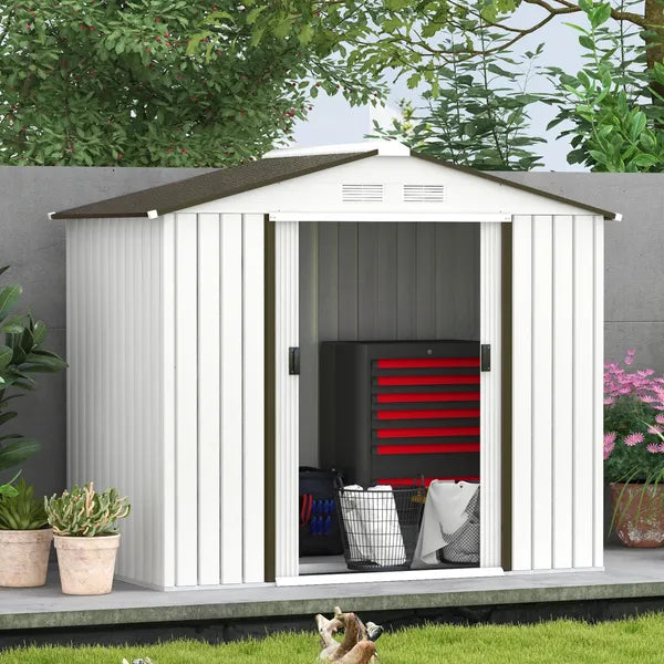 7 ft x 4 ft x 6 ft Metal Garden Shed Outdoor Organizer with 4 Vents Dual Sliding Doors Sturdy White Storage Solution - product image 2