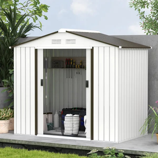 7 ft x 4 ft x 6 ft Metal Garden Shed Outdoor Organizer with 4 Vents Dual Sliding Doors Sturdy White Storage Solution - product image 9