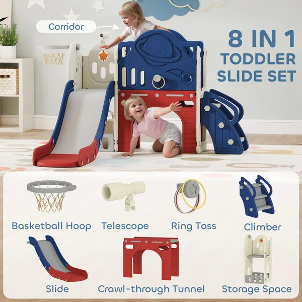 8-in-1 Toddler Slide Set with Basketball Hoop, Indoor Outdoor Playground Playset for Kids, Blue - product image 4