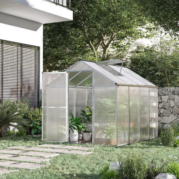 Outsunny 8 ft L x 6 ft W Walk-In Polycarbonate Greenhouse with Roof Vent for Ventilation and Rain Gutter, Hobby Greenhouse for Winter - product image 2