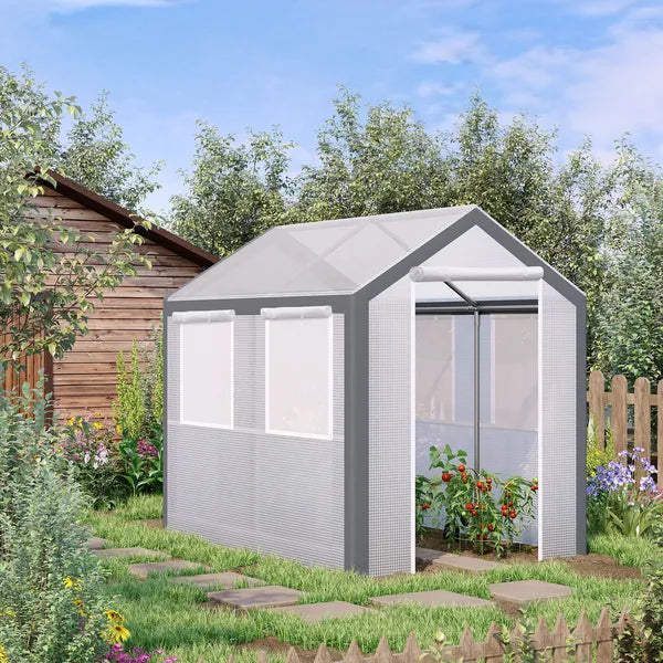 Outsunny 8' L x 6' W x 7' H Outdoor Walk-In Tunnel Greenhouse with Roll-up Windows, 2 Zippered Doors and Weather Cover, White/Gray - product image 2