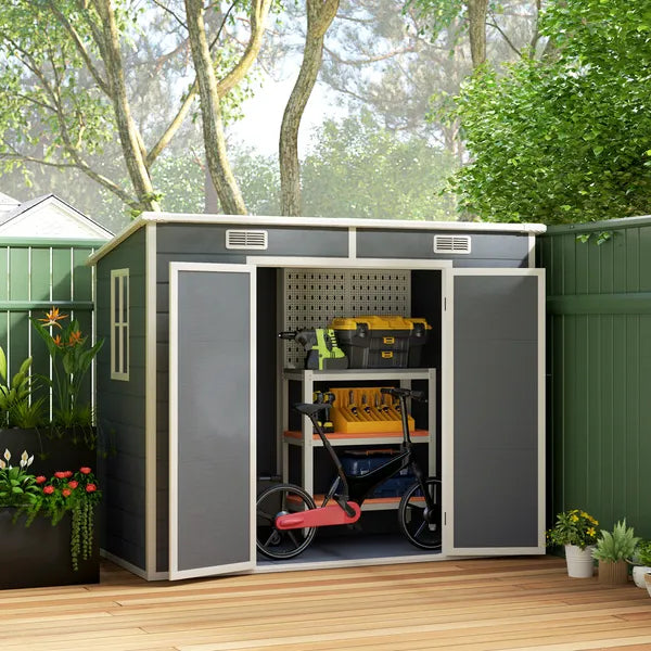 Outsunny 8' x 4' Plastic Outdoor Storage Shed with Floor, Window, Lockable Doors and Vents for Backyard Patio Lawn, Gray - product image 10